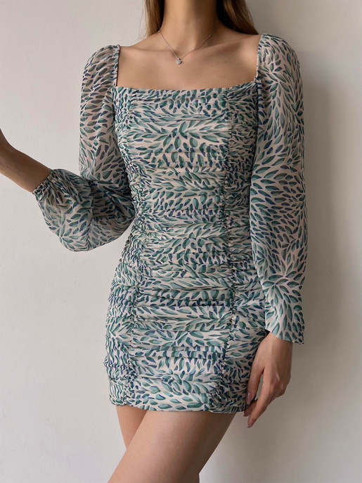 Mini Yaprak Desenli Drapeli Nora Kadın Yeşil Şifon Elbise 21Y000273