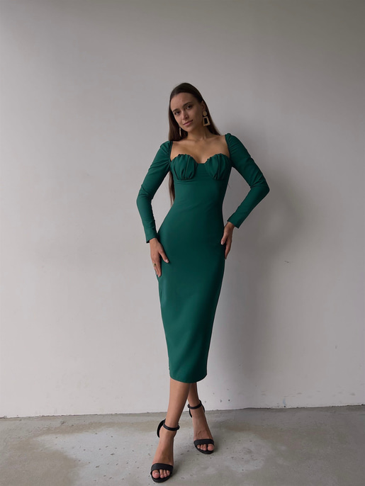 Omuz Lastik Kol Göğüs Büzgü Detay Bernardo Kadın Yeşil Midi Boy Elbise 23K000128