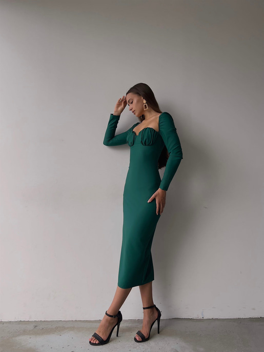 Omuz Lastik Kol Göğüs Büzgü Detay Bernardo Kadın Yeşil Midi Boy Elbise 23K000128