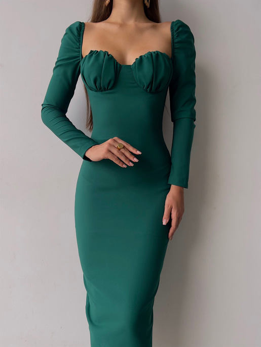 Omuz Lastik Kol Göğüs Büzgü Detay Bernardo Kadın Yeşil Midi Boy Elbise 23K000128