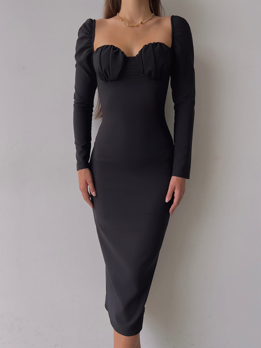 Omuz Lastik Kol Göğüs Büzgü Detay Bernardo Kadın Siyah Midi Boy Elbise 23K000128