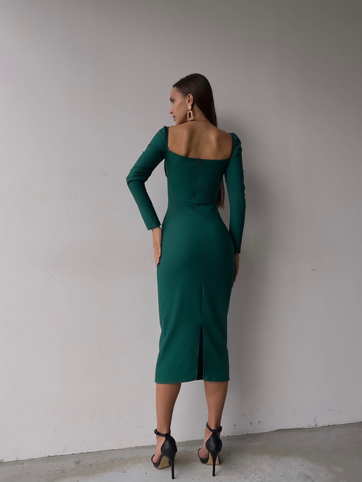 Omuz Lastik Kol Göğüs Büzgü Detay Bernardo Kadın Yeşil Midi Boy Elbise 23K000128