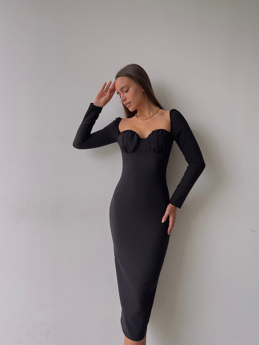 Omuz Lastik Kol Göğüs Büzgü Detay Bernardo Kadın Siyah Midi Boy Elbise 23K000128