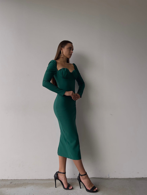 Omuz Lastik Kol Göğüs Büzgü Detay Bernardo Kadın Yeşil Midi Boy Elbise 23K000128