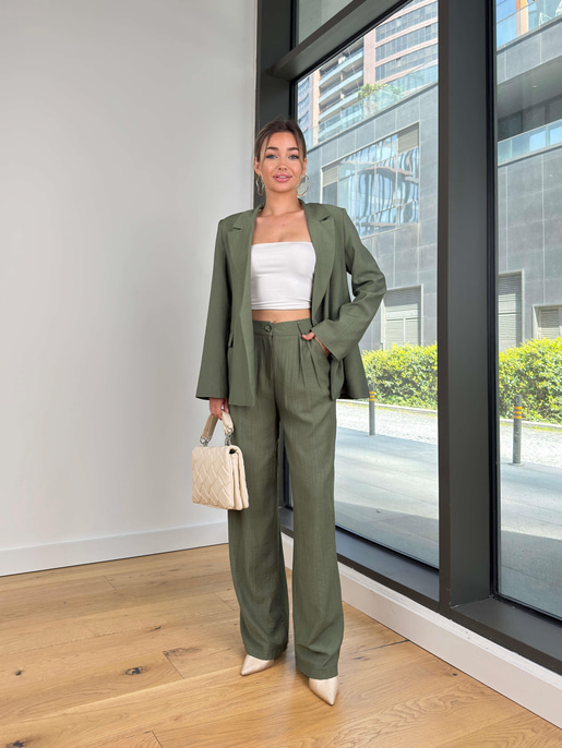 Omuz Vatkalı Kapamasız Yıır Haki Kadın Blazer Ceket 25Y078