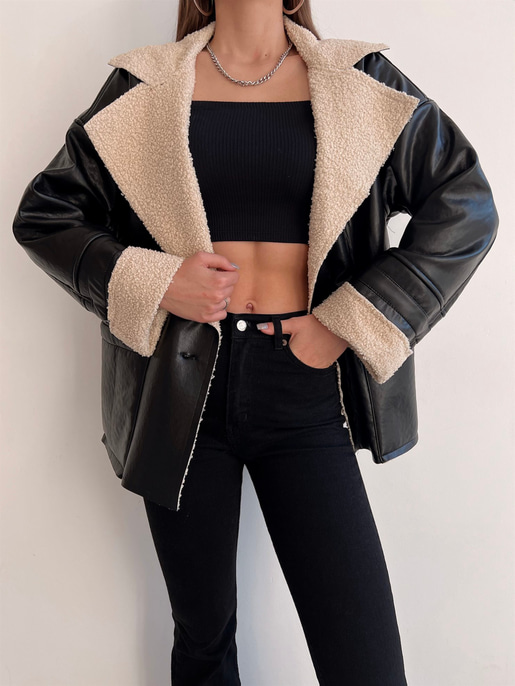 Ön Düğme Kapamalı Yanları Cepli Sage Kadın Siyah Deri Mont 23K000400