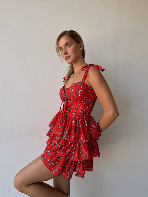 Önden Bağcıklı Çiçek Desenli Fırfırlı Tsar Kadın Kırmızı Mini Elbise 22Y000448