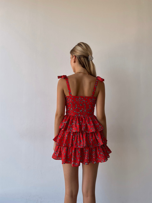 Önden Bağcıklı Çiçek Desenli Fırfırlı Tsar Kadın Kırmızı Mini Elbise 22Y000448