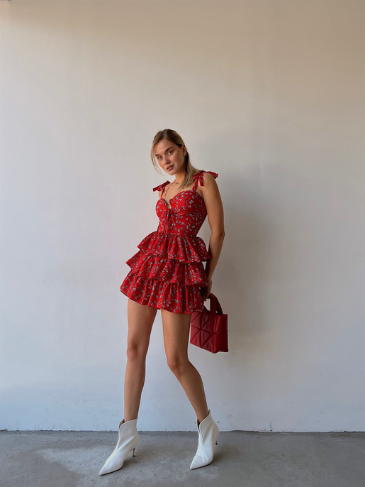 Önden Bağcıklı Çiçek Desenli Fırfırlı Tsar Kadın Kırmızı Mini Elbise 22Y000448