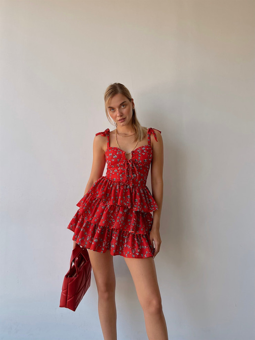 Önden Bağcıklı Çiçek Desenli Fırfırlı Tsar Kadın Kırmızı Mini Elbise 22Y000448