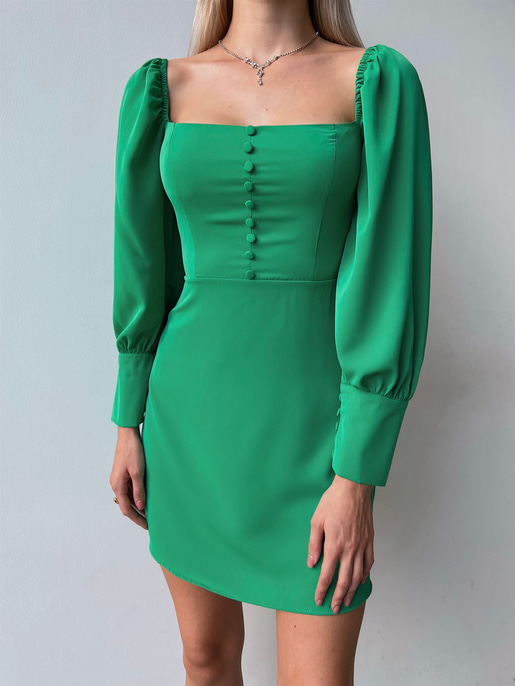 Önü Düğme Detaylı Kare Yaka Balon Kol Liberato Kadın Yeşil Mini Elbise 23K000101