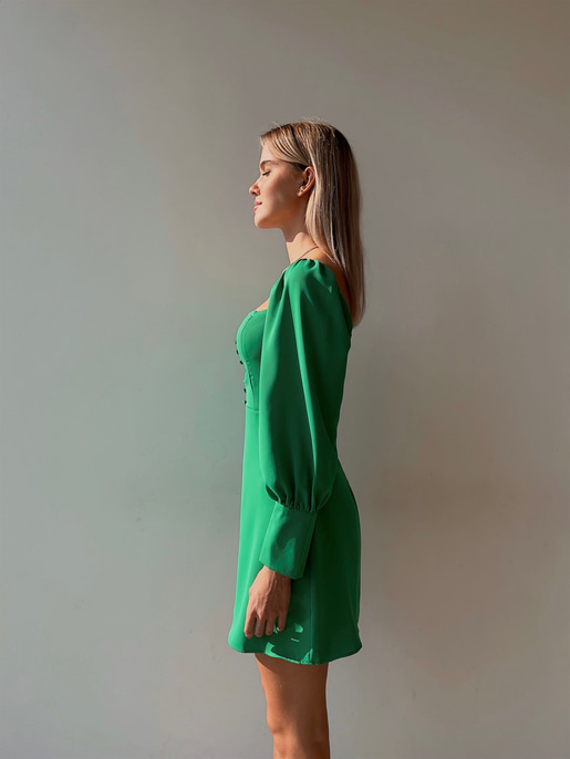 Önü Düğme Detaylı Kare Yaka Balon Kol Liberato Kadın Yeşil Mini Elbise 23K000101