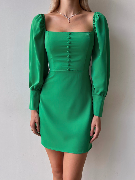 Önü Düğme Detaylı Kare Yaka Balon Kol Liberato Kadın Yeşil Mini Elbise 23K000101
