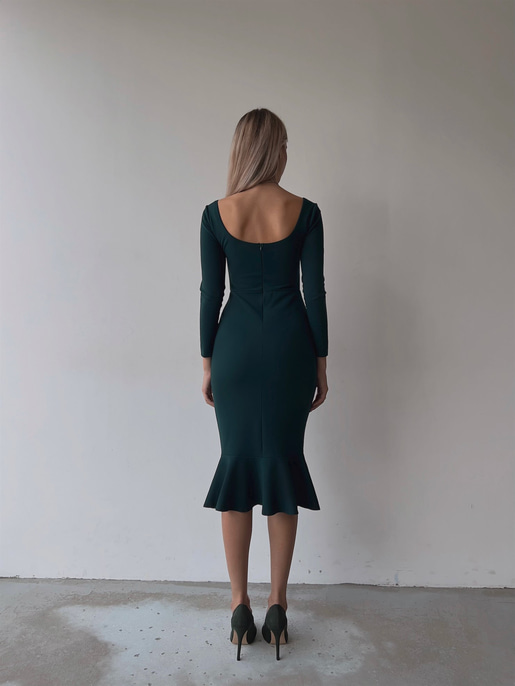 Önü Düğme Detaylı Kare Yaka Etek Ucu Fırfırlı Joceus Kadın Zümrüt Midi Boy Elbise 23K000098