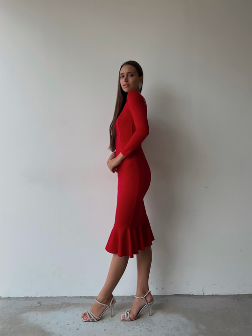 Önü Düğme Detaylı Kare Yaka Etek Ucu Fırfırlı Joceus Kadın Kırmızı Midi Boy Elbise 23K000098