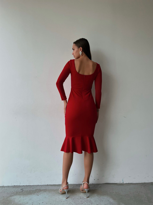 Önü Düğme Detaylı Kare Yaka Etek Ucu Fırfırlı Joceus Kadın Kırmızı Midi Boy Elbise 23K000098