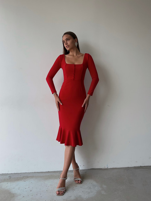 Önü Düğme Detaylı Kare Yaka Etek Ucu Fırfırlı Joceus Kadın Kırmızı Midi Boy Elbise 23K000098