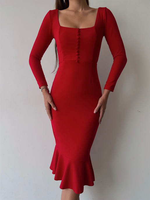 Önü Düğme Detaylı Kare Yaka Etek Ucu Fırfırlı Joceus Kadın Kırmızı Midi Boy Elbise 23K000098