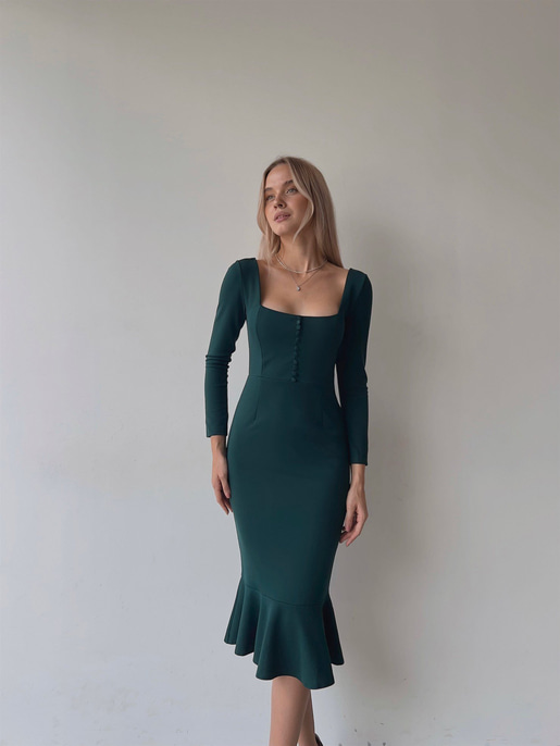 Önü Düğme Detaylı Kare Yaka Etek Ucu Fırfırlı Joceus Kadın Zümrüt Midi Boy Elbise 23K000098