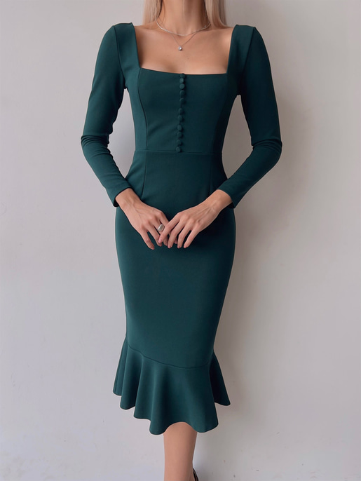 Önü Düğme Detaylı Kare Yaka Etek Ucu Fırfırlı Joceus Kadın Zümrüt Midi Boy Elbise 23K000098