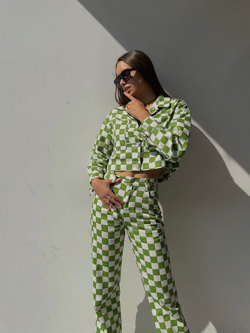 Önü Düğme Kapamalı Desenli Breno Kadın Yeşil Crop Ceket 23K000132