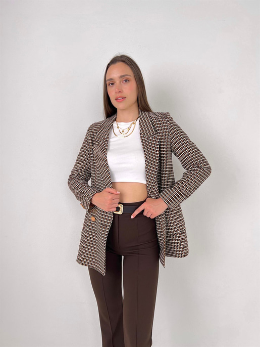 Önü Düğme Kapamalı Micaela Kadın Kahve Tüvit Ceket 23Y000023