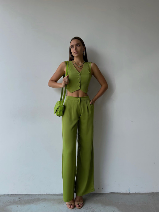 Önü Düğme Kapamalı Yelek Önden Düğmeli Yanları Cepli Bol Paça Adilson Kadın Yeşil Alt-Üst takım 23K000119
