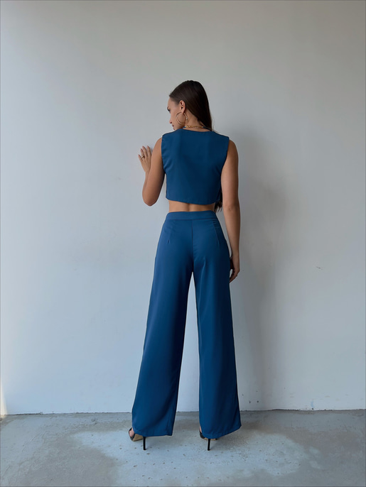 Önü Düğme Kapamalı Yelek Önden Düğmeli Yanları Cepli Bol Paça Adilson Kadın İndigo Alt-Üst takım 23K000119