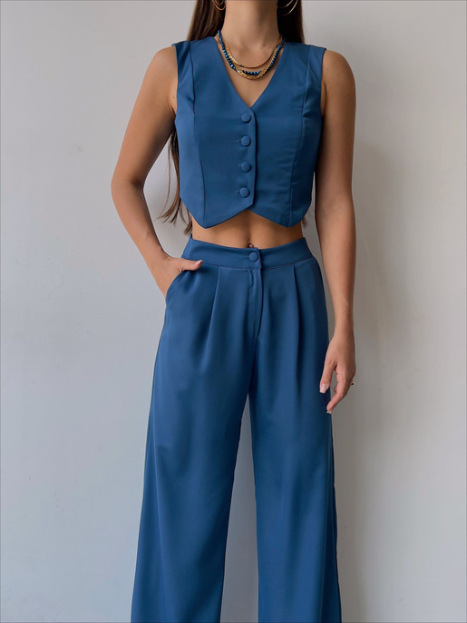 Önü Düğme Kapamalı Yelek Önden Düğmeli Yanları Cepli Bol Paça Adilson Kadın İndigo Alt-Üst takım 23K000119