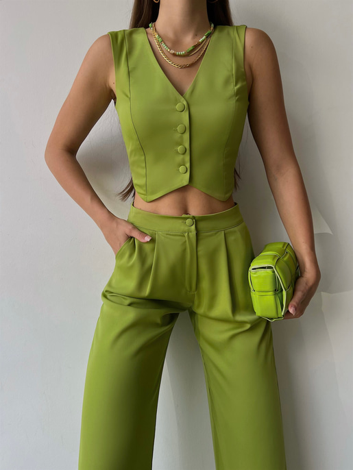 Önü Düğme Kapamalı Yelek Önden Düğmeli Yanları Cepli Bol Paça Adilson Kadın Yeşil Alt-Üst takım 23K000119
