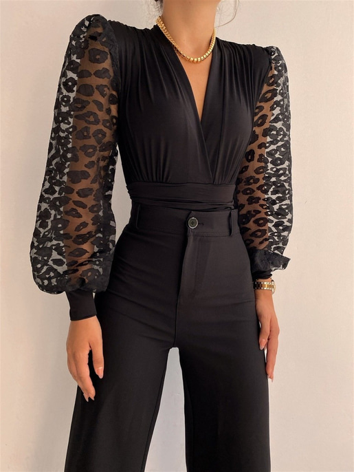 Organze Kol Kadın Siyah Bodysuit 21K000314