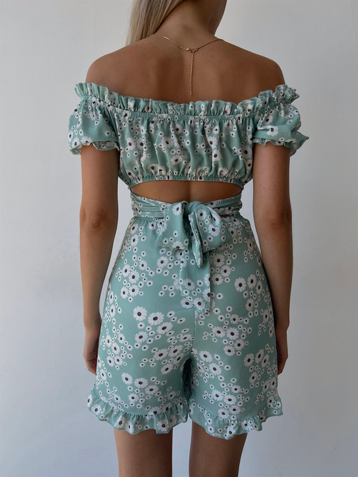Papatya Desenli Sırt Dekolte Fırfırlı Derick Kadın Mint Şort Tulum 22Y000219