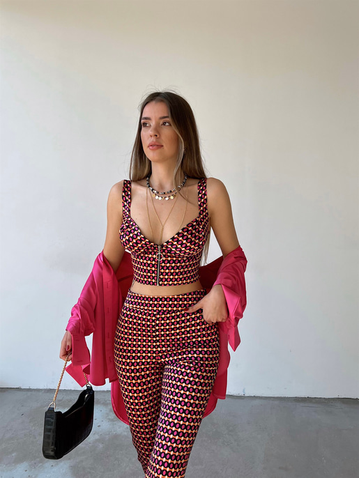 Piti Oval Desenli Önden Fermuarlı Kalın Askı Gino Kadın Fuşya Crop Bluz 22Y000274