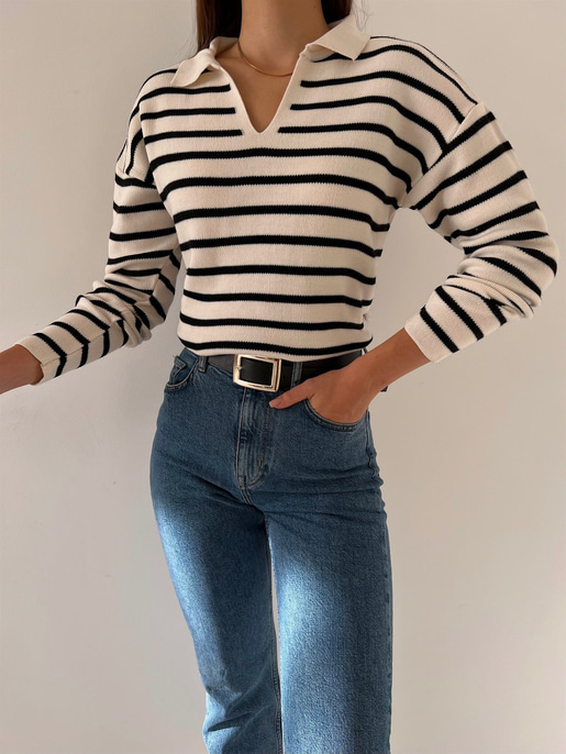 Polo Yaka Kadın Beyaz Çizgili Triko Kazak 23K000191