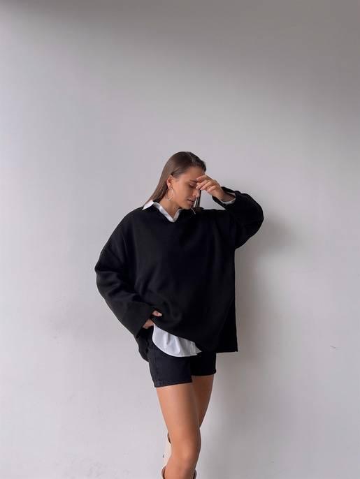 Polo Yaka Uzun Kol Oversize Kadın Siyah Kazak 23K000192