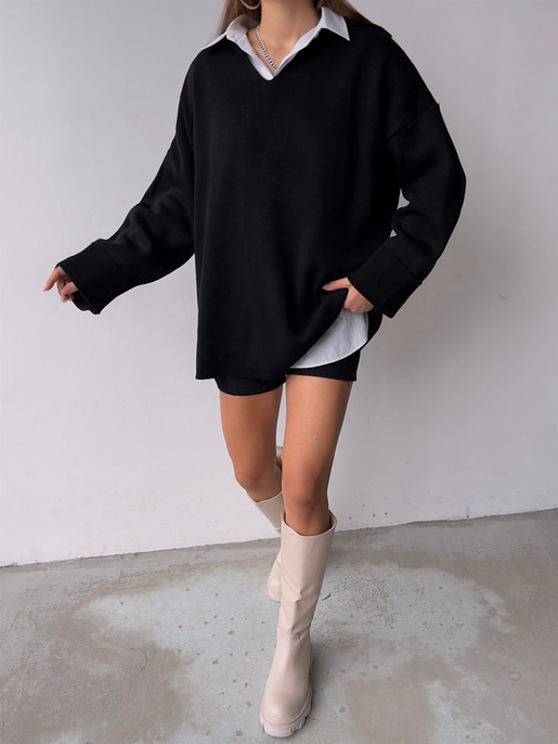 Polo Yaka Uzun Kol Oversize Kadın Siyah Kazak 23K000192