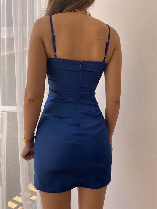 Saten Eteği Asimetrik Drapeli Wine Kadın Lacivert Elbise 21Y000521