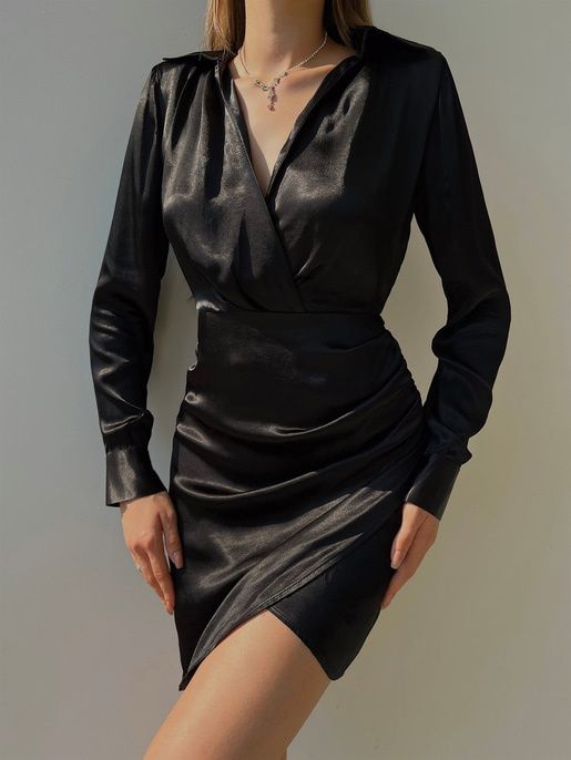 Saten Kruvaze Yaka Kol Düğmeli Uzun Kollu Etek Kısmı Düğme Detay Kruvaze Horry Kadın Siyah Elbise 23K000013