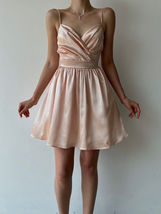 Saten Kuvaze Yaka Plileli Vesper Kadın Somon Mini Elbise 22Y000322