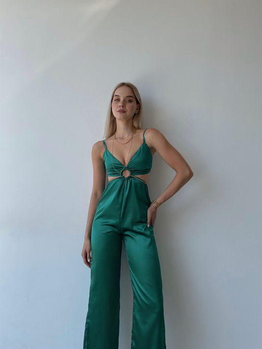 Saten Sırt Ve Bel Dekolte Halka Detaylı Lawren Kadın Zümrüt Tulum 22Y000454