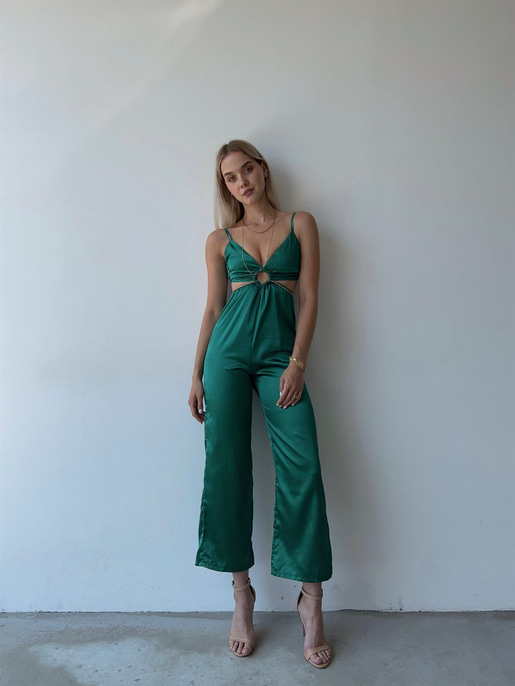 Saten Sırt Ve Bel Dekolte Halka Detaylı Lawren Kadın Zümrüt Tulum 22Y000454