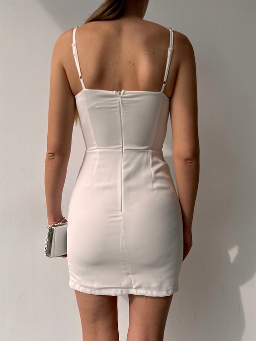 Saten Yakası Pencere Ve Taş Detay  Andy Kadın Beyaz Mini Elbise 22K000627