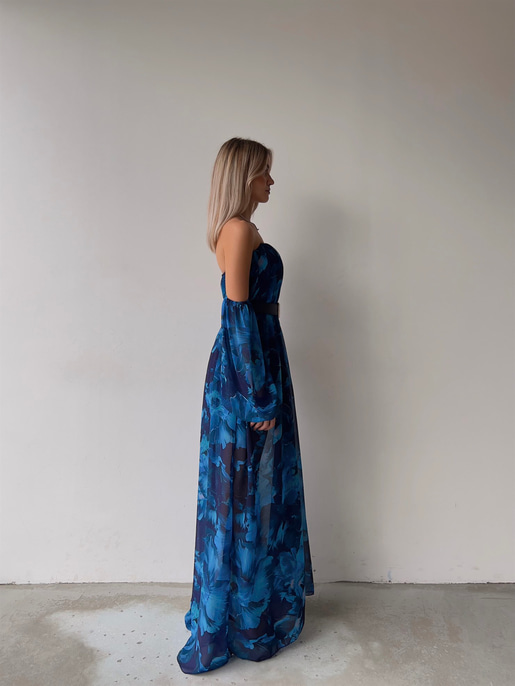 Şifon Çift Yırtmaçlı Göğüs Kuplu Lorenz Kadın Mavi Uzun Elbise 22Y000493