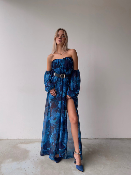 Şifon Çift Yırtmaçlı Göğüs Kuplu Lorenz Kadın Mavi Uzun Elbise 22Y000493