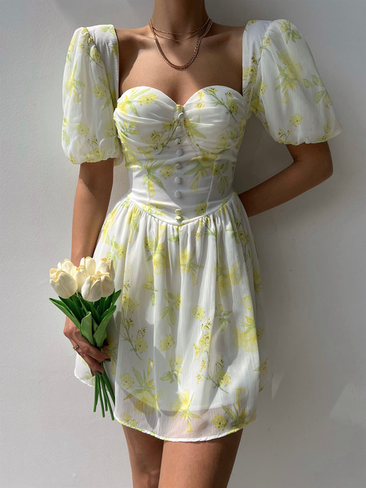 Şifon Kalp Yaka Düğme Detaylı Spiros Kadın Yeşil Mini Elbise 22Y000320