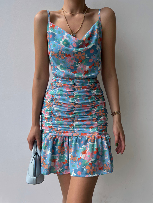 Sırt Dekolte Drapeli Eteği Volanlı Prisca Kadın Mavi Elbise 22Y000334