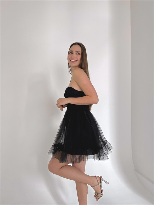 Straplez Belden Oturtmalı Eteği Tül Tara Kadın Siyah Mini Elbise 23Y000027