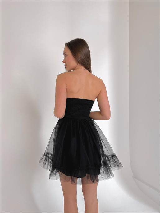 Straplez Belden Oturtmalı Eteği Tül Tara Kadın Siyah Mini Elbise 23Y000027