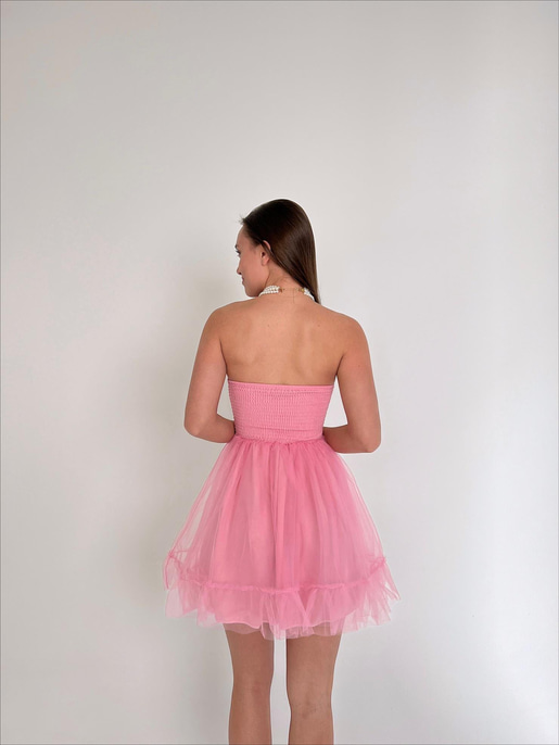Straplez Belden Oturtmalı Eteği Tül Tara Kadın Pembe Mini Elbise 23Y000027