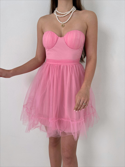 Straplez Belden Oturtmalı Eteği Tül Tara Kadın Pembe Mini Elbise 23Y000027